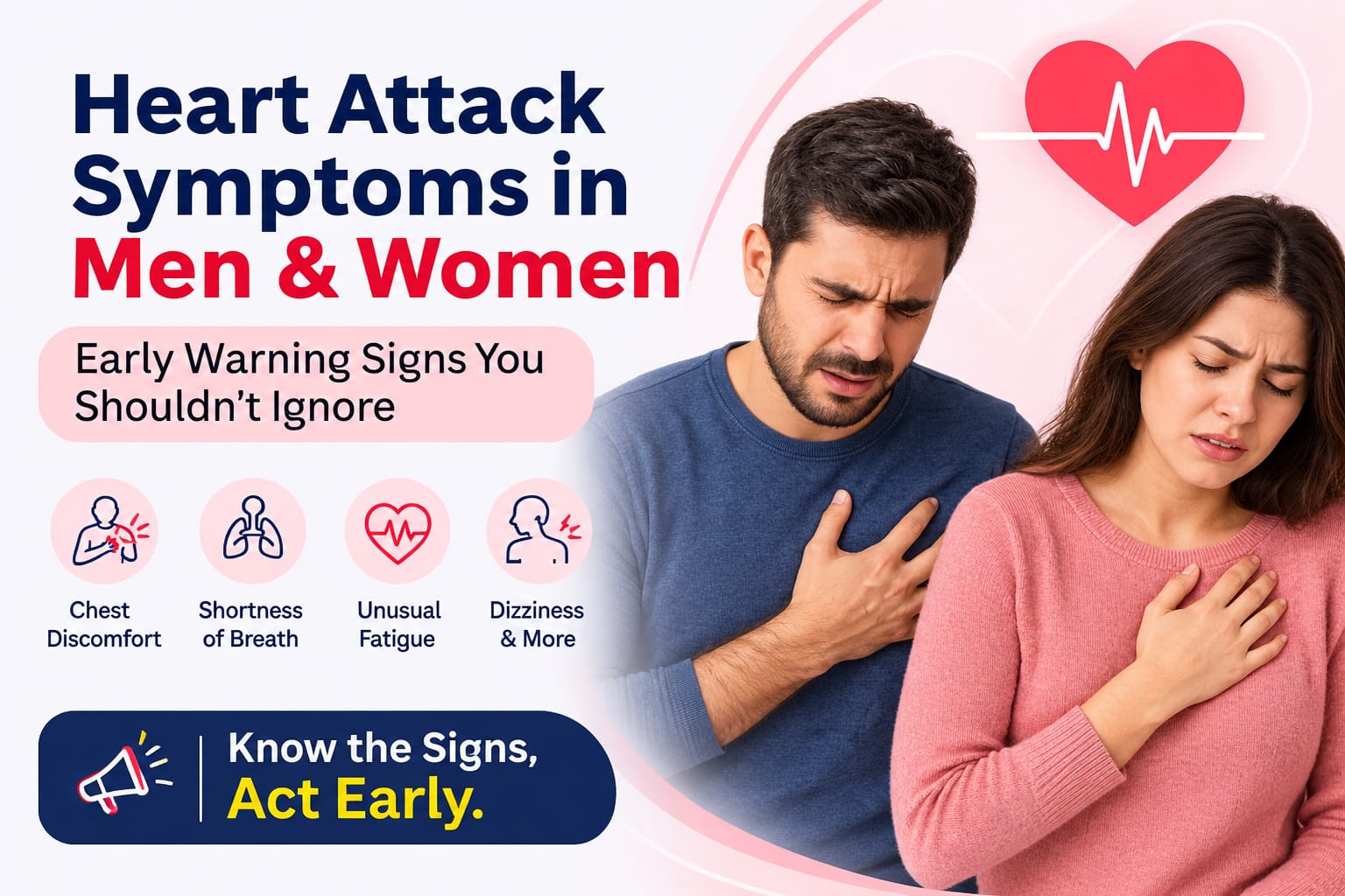 Heart attack symptoms in men and women, including chest discomfort, shortness of breath, unusual fatigue, and dizziness.